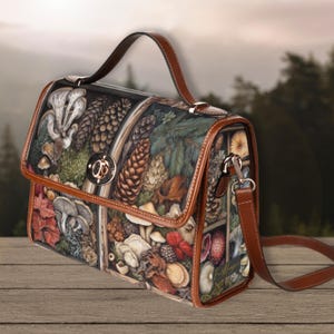 Bolso de lona Witchy Treasures, bolso de mano estilo cottagecore oscuro, bolso con asa superior, regalo hippie bohemio, bolso de cuero vegano con diseño de setas de bruja, bolso de mano estilo cottagecore.