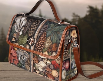 Witchy Treasures Canvas Satchel Bag Dark Cottagecore Top Handle Bag Hippies Boho Gift Vegan Leather Witchy Mushroom Purse Forstcore Handbag