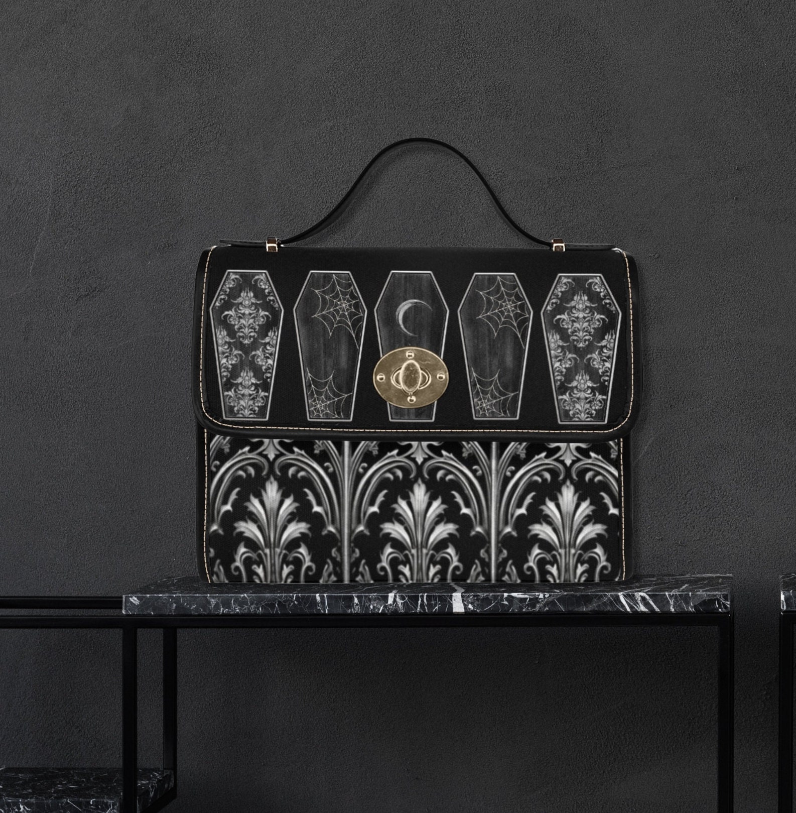 Gothic Coffins Black Canvas Satchel Bag, Vampire Dark Gothic Coffins Black Canvas Satchel Bag, Vampire Dark
