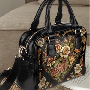 Vintage Victorian Love Heart Bowler Handbag, gothic top handle bag with shoulder strap, dark academia goth bag, victorian vampire bag, Fae & Magpie