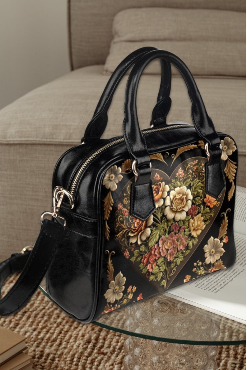 Vintage Victorian Love Heart Bowler Handbag, gothic top handle bag with shoulder strap, dark academia goth bag, victorian vampire bag, Fae & Magpie