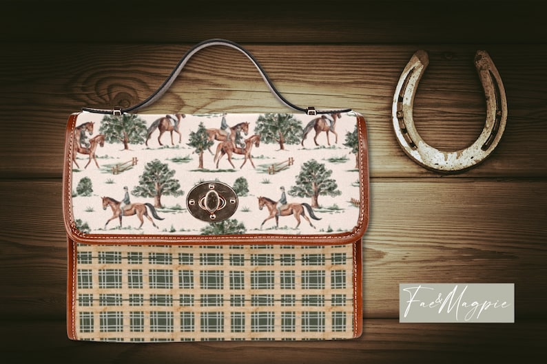 Equestrian Handbag, Horses Bag, Horse Gift, Cottagecore Satchel Bag, Horse Riding, Horse Pattern Handbag, Green and Cream Bag, Fae and Magpie