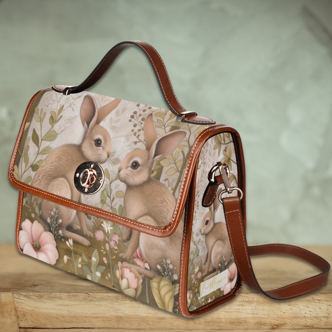 Retro Wooland Rabbit Cottagecore Canvas Satchel Bag, Cute Top Handle ...