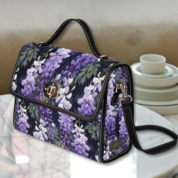 Wisteria Floral Canvas Satchel Bag, Cottagecore Top Handle Purse