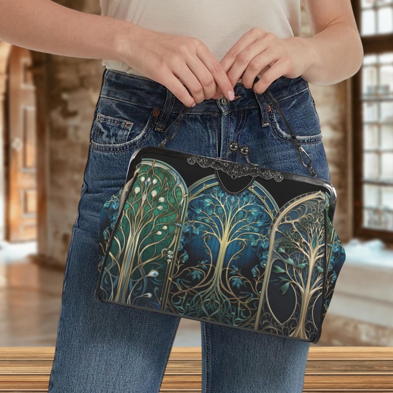 Tree of Life Vintage Bag, Kisslock Crossbody Shoulder Bag, Stained Glass Blue Green Purse, Gothic Church Handbag, Black Top Handle Bag