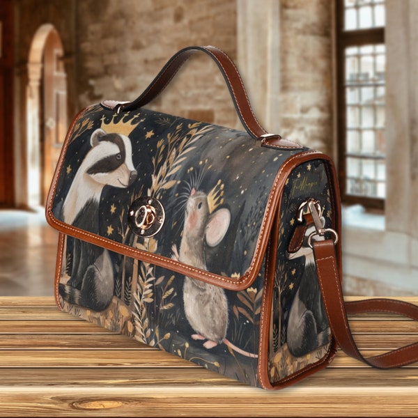 Badger Mouse Cute Cottagecore Canvas Satchel Bag, black Top Handle Shoulder Bag, badger purse dark academia handbag, mouse nature lover bag