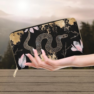 Monedero con serpiente dorada, cartera de mano de bruja, monedero gótico con cremallera de serpiente, monedero con estampado animal, regalo de serpiente, monedero original rosa, negro y dorado.