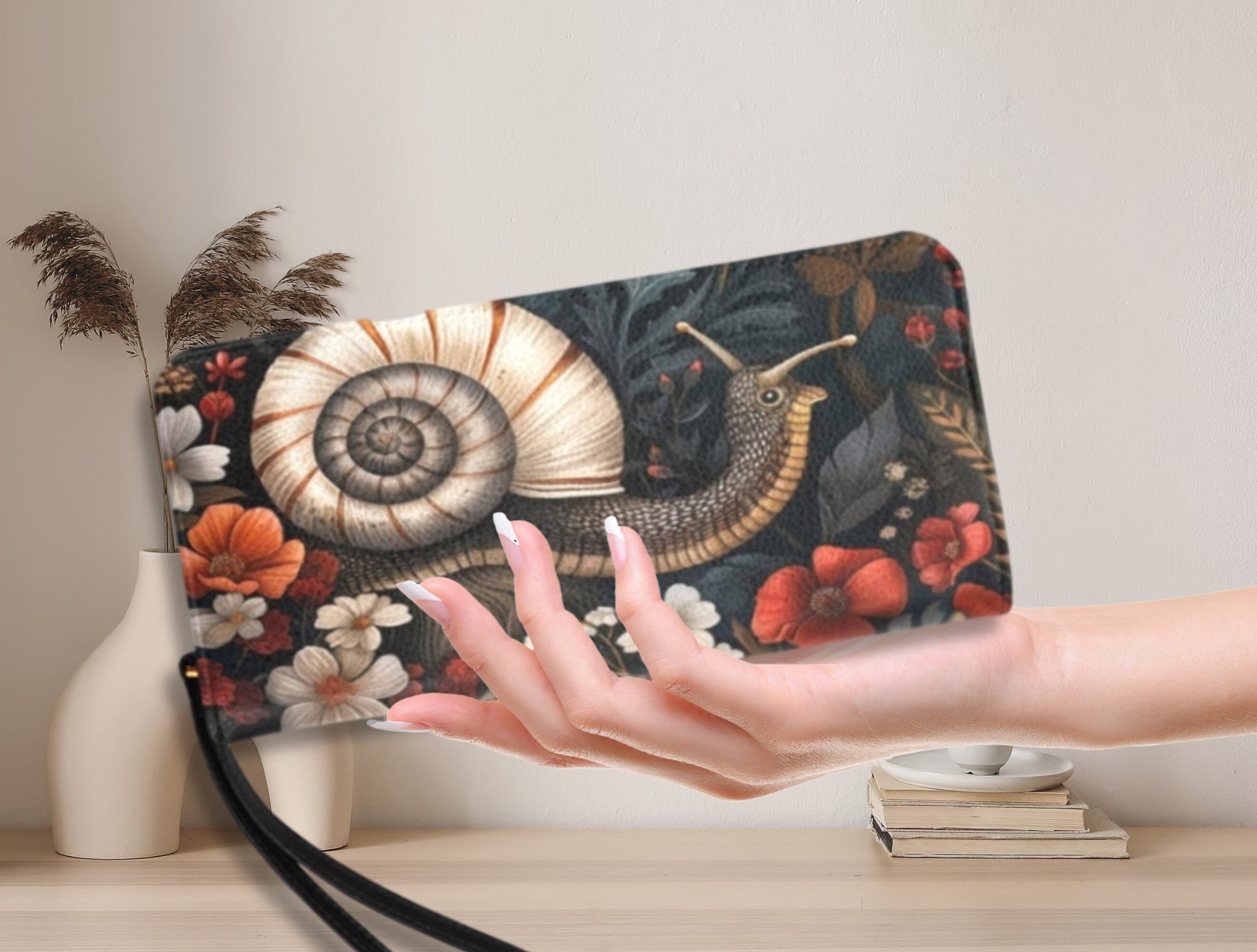 Cottagecore Snail Black Shoulder Bag, Forestcore Women Purse