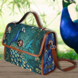 Sac à main cartable rétro paon, sac à main paon bleu vert, sac à bandoulière en cuir végétalien marron, cadeau de sac pour amoureux des oiseaux, cadeau paon, sac original