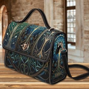 Arbre de vie sac à main en vitrail, sac à main gothique sac à main sorcière cadeau pour elle cadeau sorcière sac bleu sac vert sac à main en toile