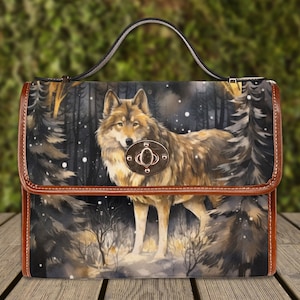 Sac cartable en toile mystique loup, sac à bandoulière witchy avec poignée supérieure, sac à main witchcore sac à main loup sauvage academia sombre, sac gothique loup-garou