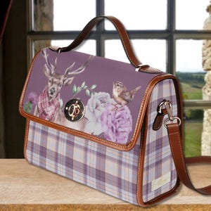 Highland Stag Purse Plaid Satchel Bag Purse, sac à main à carreaux rose lilas, sac à poignée avec bandoulière, cadeau chardon écossais