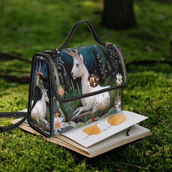 White Stag Cottagecore Canvas Satchel Bag Purse Forestcore Bag Forest Deer Handbag Mystical Creatures Bag Narnia White Stag Bohemian