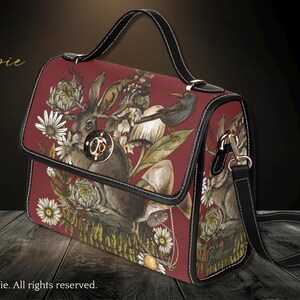 Forest Witch Red Canvas Satchel Bag, sac à main croisé cottagecore pour femmes de la forêt, cadeau bohème hippies, sac à bandoulière en cuir végétalien, sac lièvre