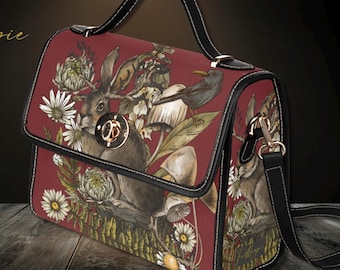 Forest Witch Hare Canvas Satchel, Red Cottagecore Bag