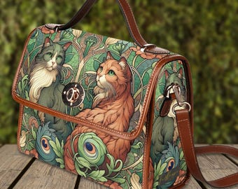 Cottagecore Boho Cats Green Satchel handbag, witchy cat bag, ginger cat purse, brown vegan leather shoulder bag, cat lover gift, green witch