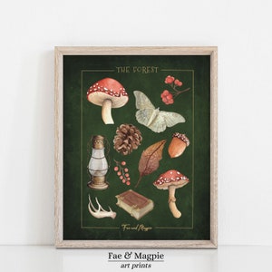 May include: A green forest themed print with illustrations of mushrooms, a moth, a pine cone, a leaf, an acorn, a lantern, berries, a book, and antlers. The text "The Forest" and "Fae and Magpie" are included in the print.