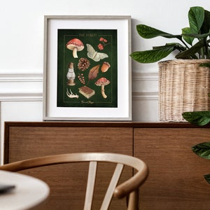 May include: A framed print with a green background and illustrations of forest elements, including mushrooms, a butterfly, a lantern, a pine cone, a leaf, and a book. The text "THE FOREST" is at the top of the print.