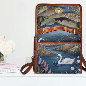 Swan Lake Retro Canvas Satchel Bag, bird cottagecore crossed body bag, blue floral bag, vegan leather bag, swan lover purse gift, white swan, fae and magpie