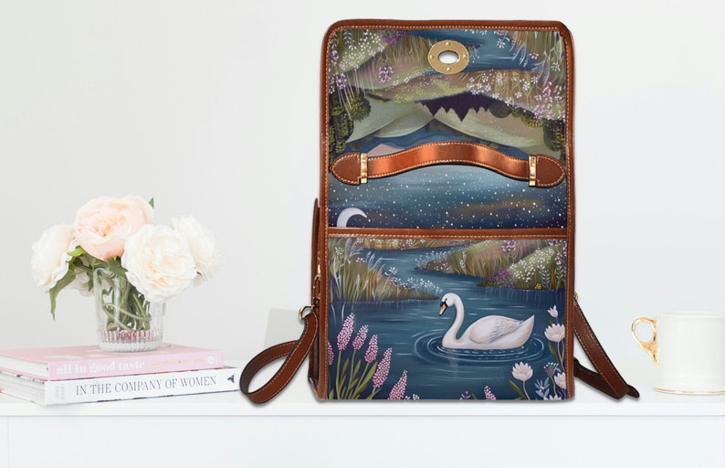 Swan Lake Retro Canvas Satchel Bag, bird cottagecore crossed body bag, blue floral bag, vegan leather bag, swan lover purse gift, white swan, fae and magpie