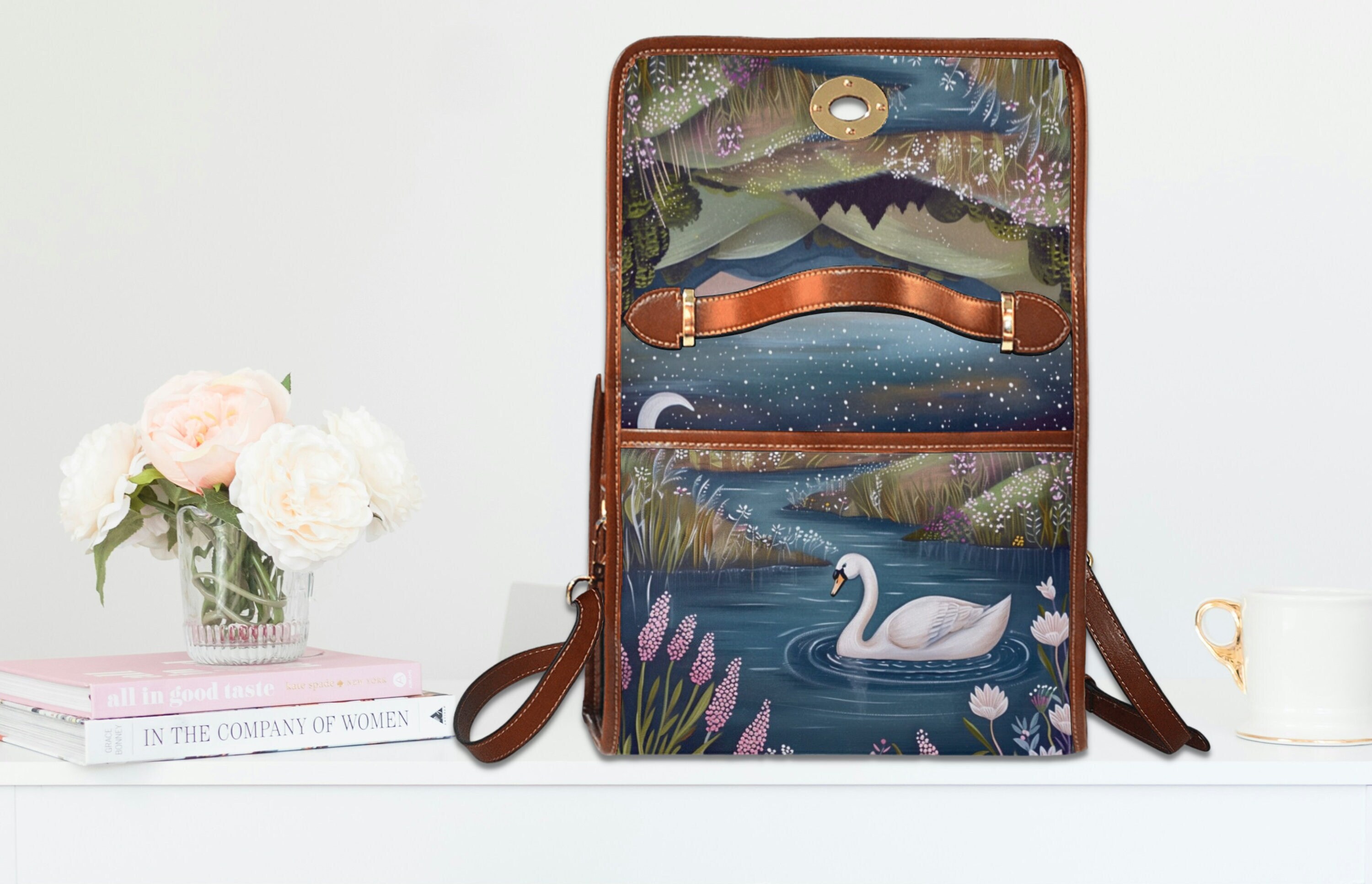 Swan nature tri lux leathers bag Swan Lake Retro Canvas Satchel Bag, Bird Cottagecore Crossed  main image 3
