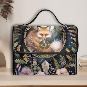 Lunar Fox Moon Crystal Retro Satchel Handbag, sac en renard cottagecore forestier, sac en renard mignon, sac à bandoulière en cuir végétalien, cadeau de sac en renard fantaisiste