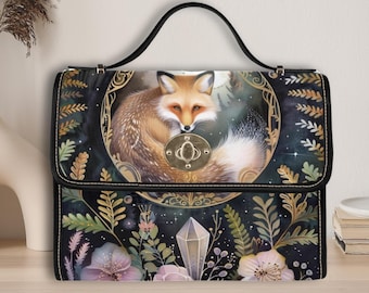 Lunar Fox Moon Crystal Retro Satchel Handbag, forest cottagecore fox bag, cute fox bag, vegan leather shoulder bag, Whimsical fox bag gift