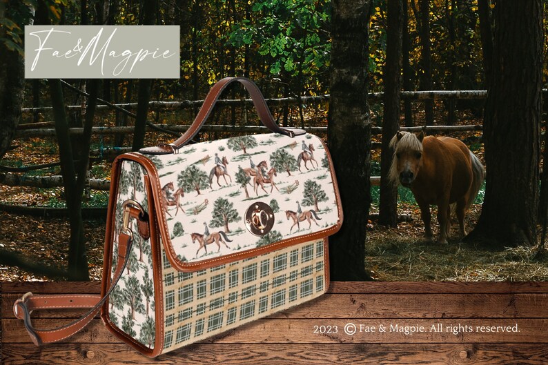 Equestrian Handbag, Horses Bag, Horse Gift, Cottagecore Satchel Bag, Horse Riding, Horse Pattern Handbag, Green and Cream Bag, Fae and Magpie