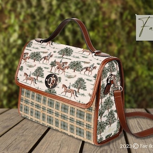 Sac à main cartable chevaux équestres, cadeau cheval, sac cartable Cottagecore, équitation, sac à main motif cheval, sac vert et crème, cadeau cheval