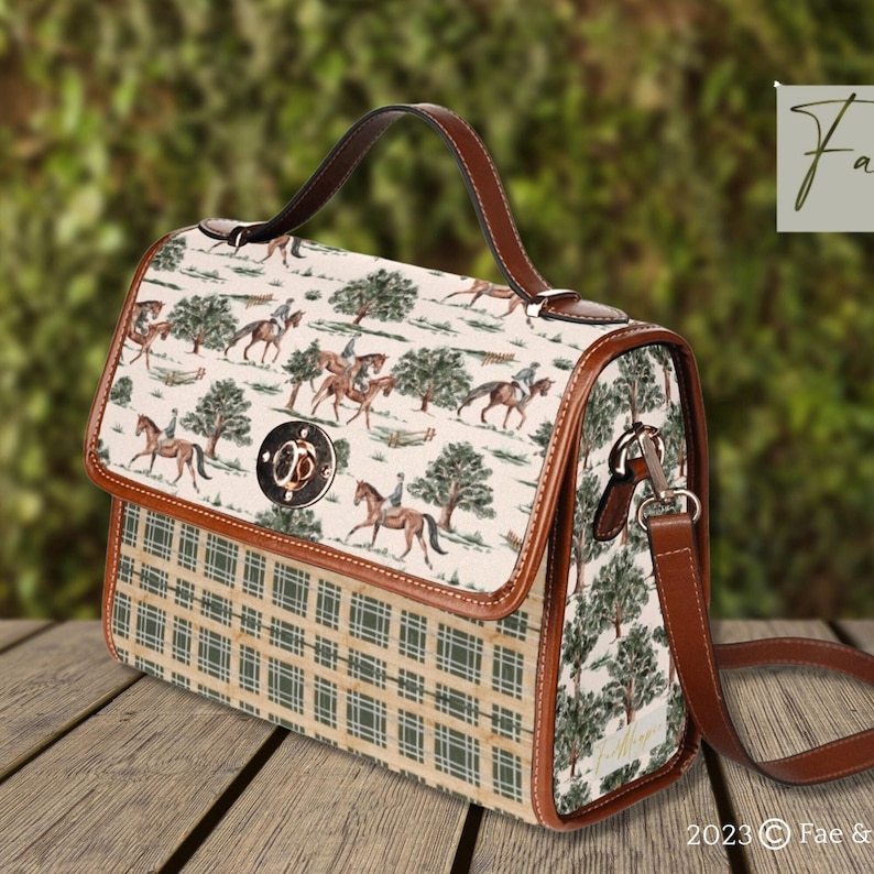 Equestrian Handbag, Horses Bag, Horse Gift, Cottagecore Satchel Bag, Horse Riding, Horse Pattern Handbag, Green and Cream Bag, Fae and Magpie