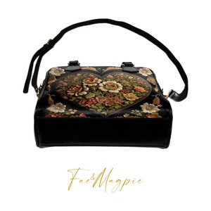Vintage Victorian Love Heart Bowler Handbag, gothic top handle bag with shoulder strap, dark academia goth bag, victorian vampire bag, Fae & Magpie