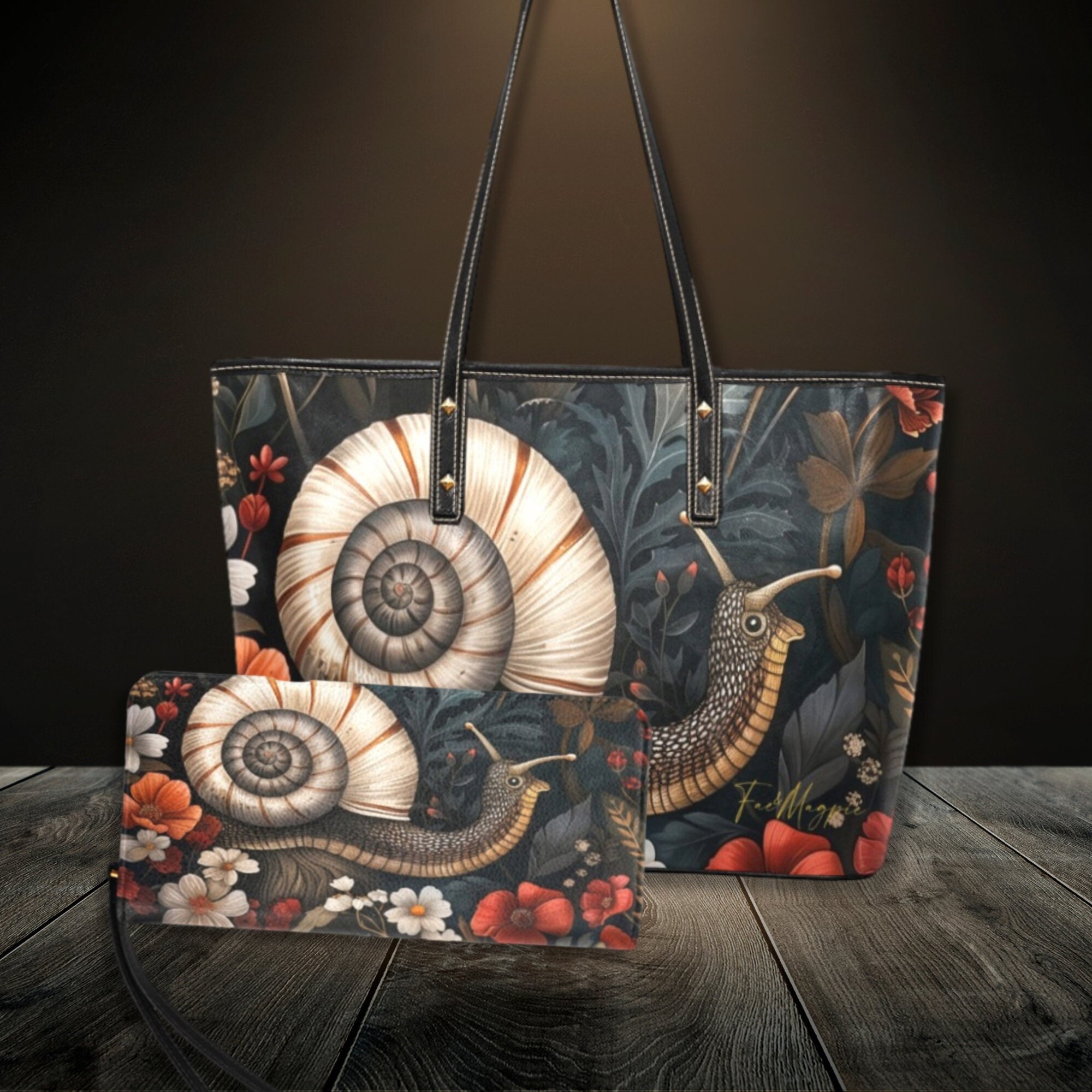 Cottagecore Snail Black Shoulder Bag, Forestcore Women Purse