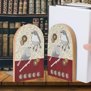 Cottagecore Bookends Birds Wooden Bookstand Buttons Bookish Gift red home decor country home decor gift for her librarycore gift