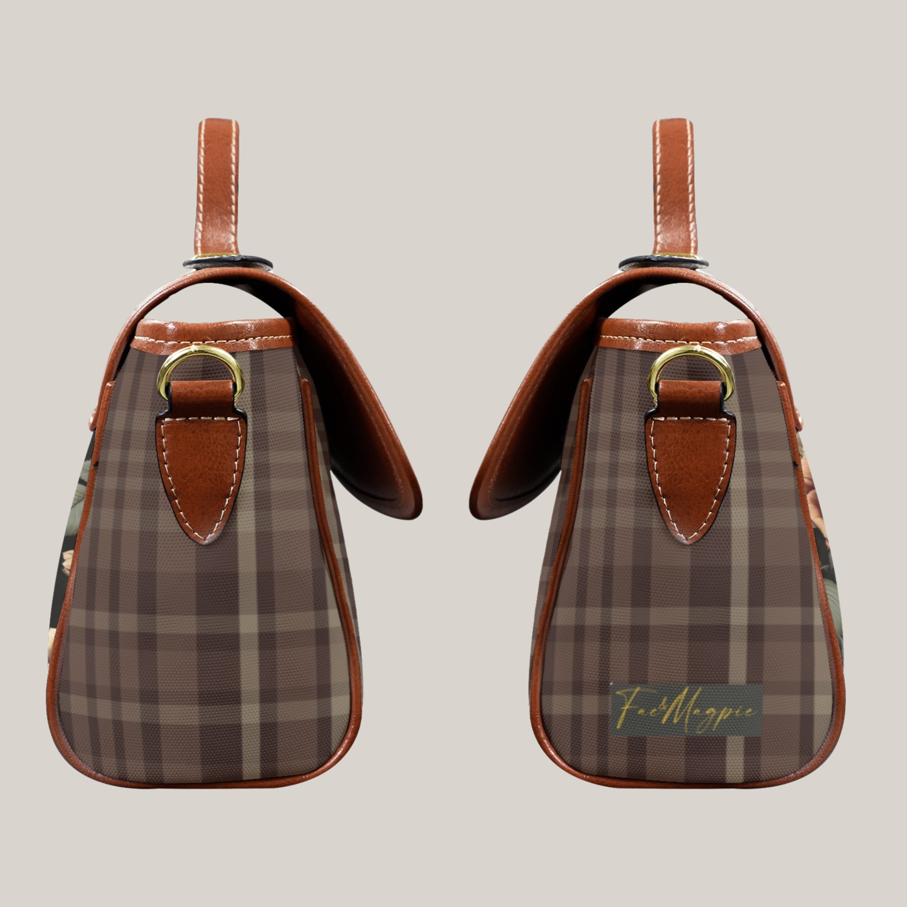 Vintage Floral Plaid Brown Retro Satchel Handbag, Autumn