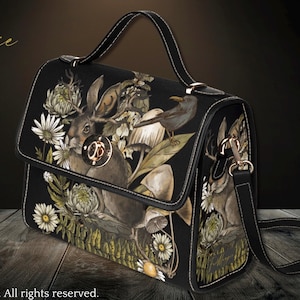 Forest Witch Black Canvas Satchel Bag, sac à main croisé cottagecore pour femmes de la forêt, cadeau bohème hippies, sac à bandoulière en cuir végétalien, sac lièvre