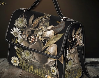 Forest Witch Canvas Satchel Bag, Hare Cottagecore Vegan Leather Strap