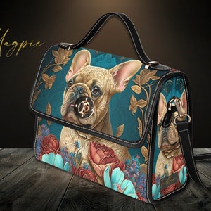 Sac à main Frenchie Satchel, sac à bandoulière en cuir végétalien bleu bouledogue français, cadeau chien, art déco, sac à main pour chien cottagecore, sac pour amoureux des chiens