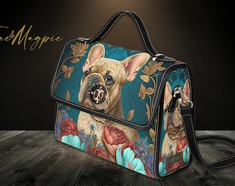 French Bulldog Satchel, Blue Vegan Leather Shoulder Bag, Dog Lover Gift