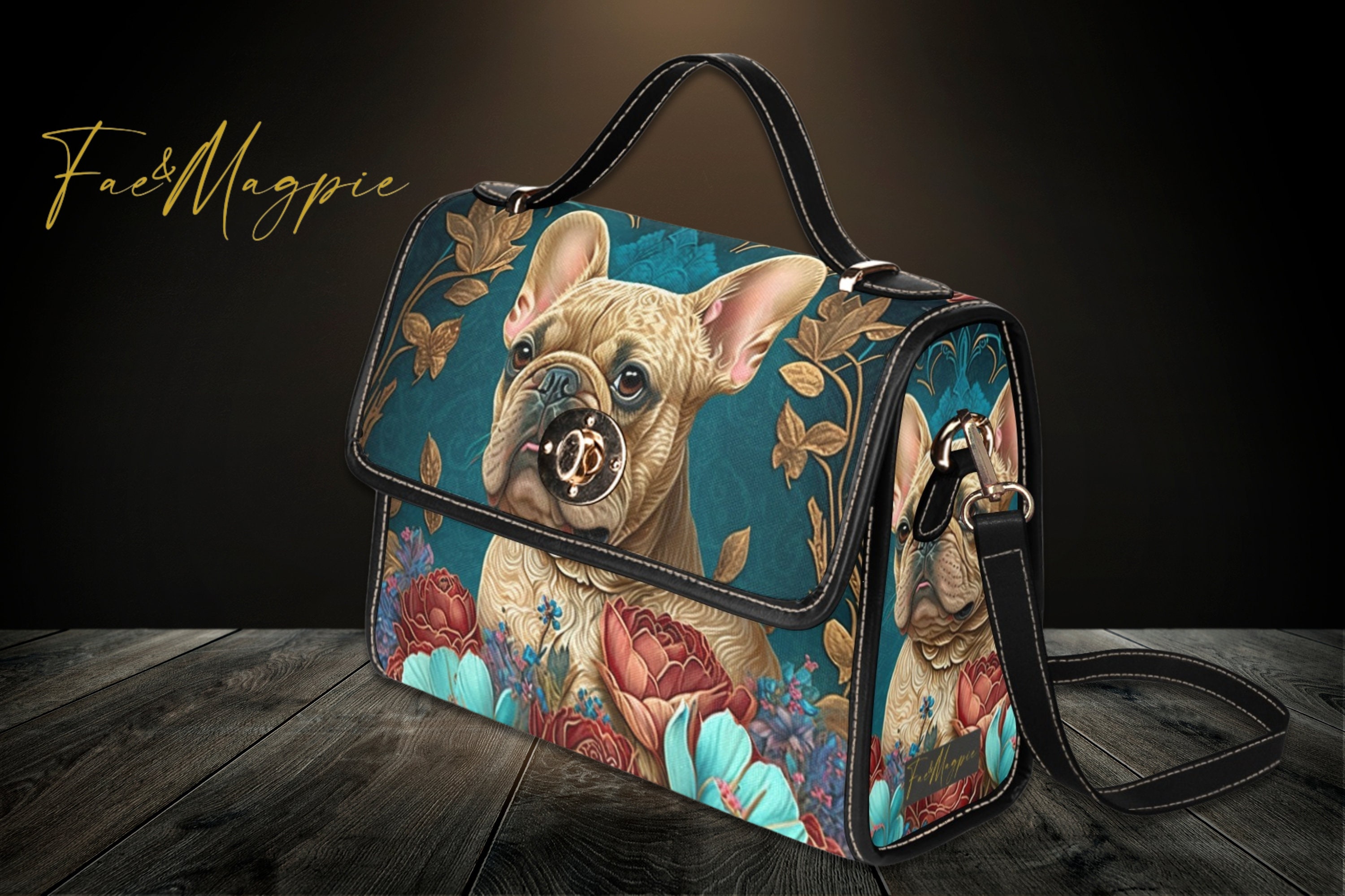 French Bulldog Satchel, Blue Vegan Leather Shoulder Bag, Dog Lover 