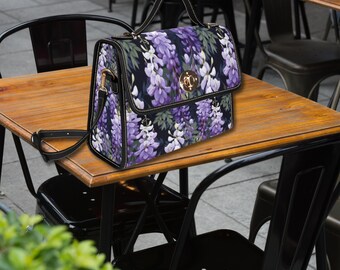 Wisteria Floral Canvas Satchel Bag, Cottagecore Top Handle Purse