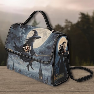 Sac à main Flying Witch manche à balai Sac à main Witchy Lunar Sac Sac à bandoulière noir en cuir végétalien Sac à main original gothique sombre Witchcore