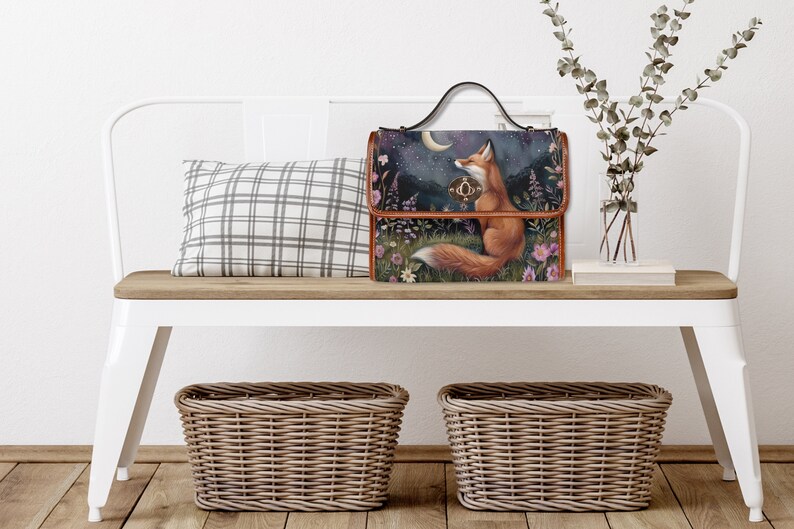 Moon Gaze Fox Purse, dark cottagecore fox, retro satchel handbag, forest fox bag, cute fox bag, vegan leather shoulder bag, fox lover gift, fae and magpie