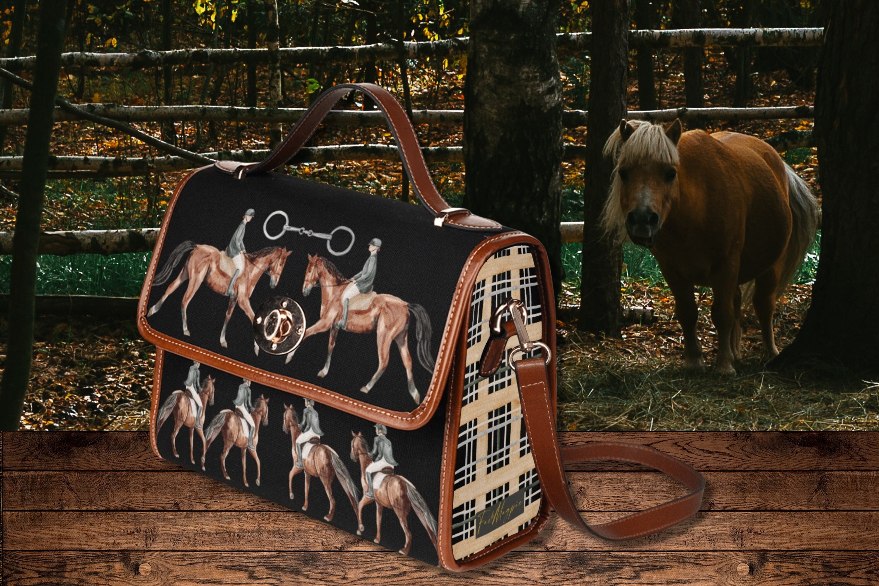 Equestrian Horses Black Satchel Handbag, Horse Riding Bag, Horse
