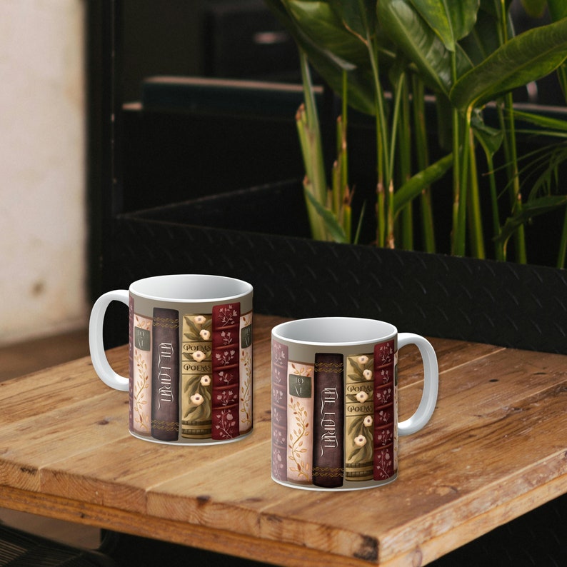 Bookish Cottagecore Mug, dark academia mug, book lover gift, coffee and books cup, librarian style decor, librarycore brown mug, preppy mug, fae and magpie