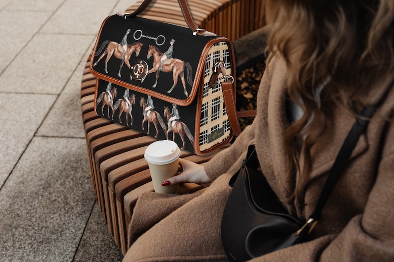 Equestrian Horses Black Handbag, Horse Riding Bag, Horse Gift, Cottagecore Satchel Bag, Horse Pattern Handbag, Show Jumping Bag, Fae & Magpie