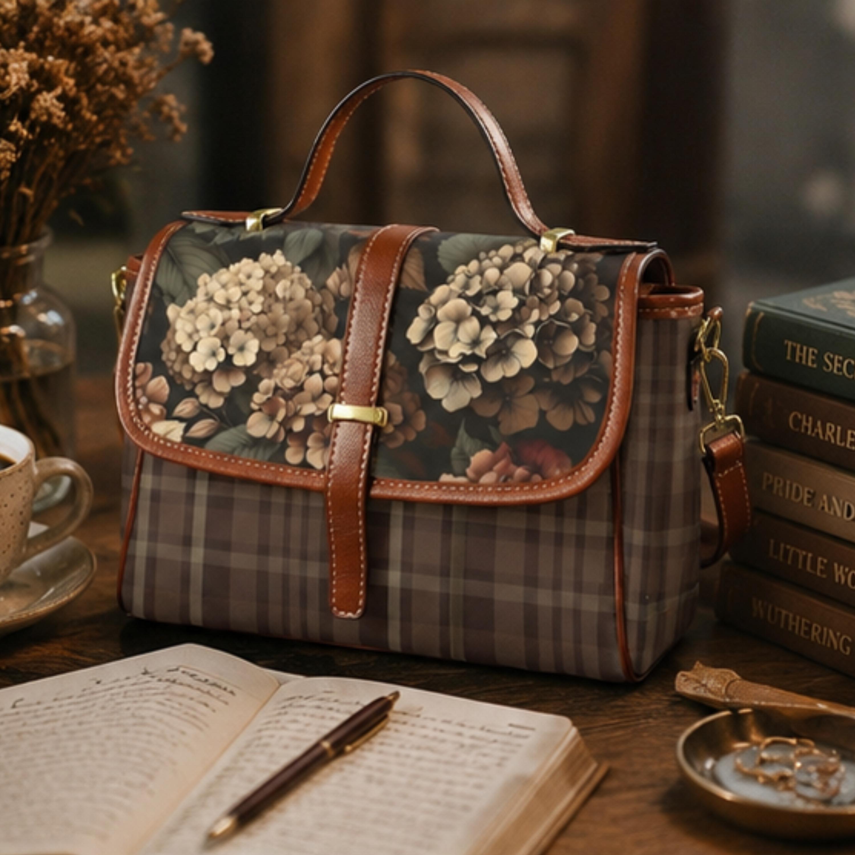 Vintage Hydrangea Plaid Satchel Bag, Floral Crossbody Handbag