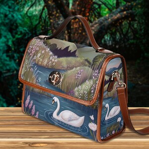 Swan Lake Retro Canvas Satchel Bag, bird cottagecore crossed body bag, blue floral bag, vegan leather bag, swan lover purse gift, white swan, fae and magpie