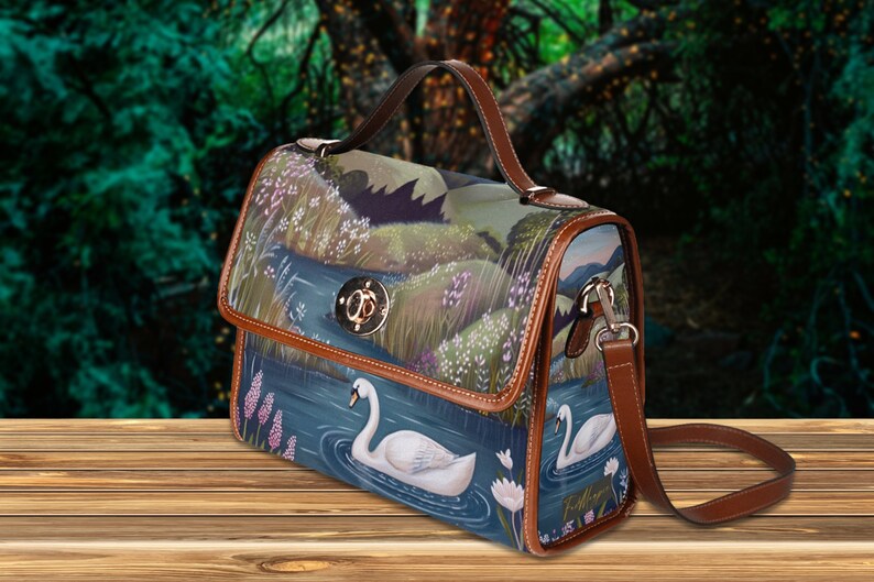 Swan Lake Retro Canvas Satchel Bag, bird cottagecore crossed body bag, blue floral bag, vegan leather bag, swan lover purse gift, white swan, fae and magpie