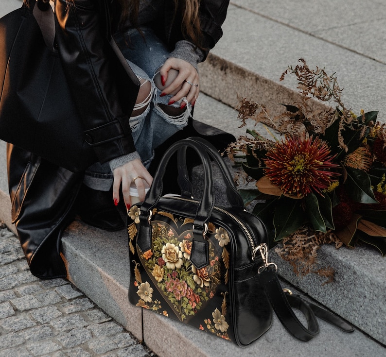 Vintage Victorian Love Heart Bowler Handbag, gothic top handle bag with shoulder strap, dark academia goth bag, victorian vampire bag, Fae & Magpie