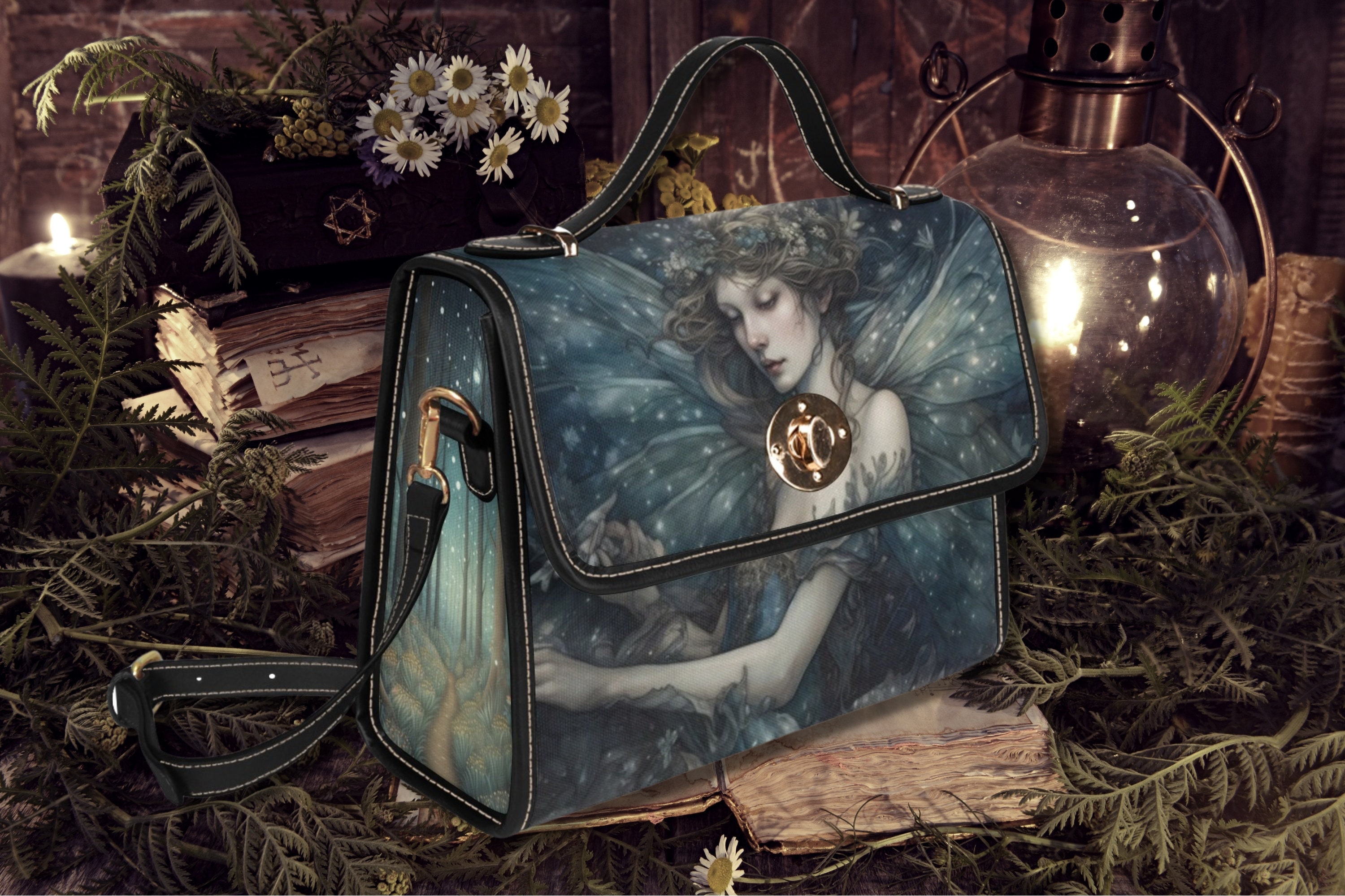 Fairy Midnight Dark Cottagecore Canvas Satchel Bag, Etheral Fairy